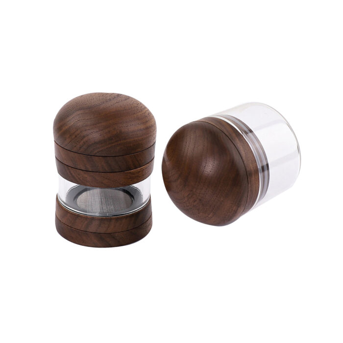 Walnut Wood Grinder with Mushroom Cap and Glass Body - Elegant Design, Effortless Grinding